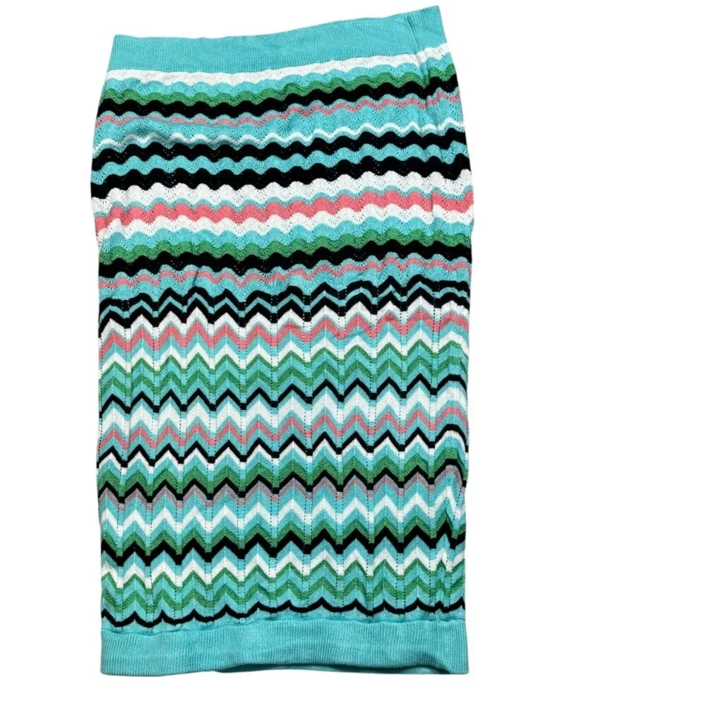 New York Company 7th Avenue Chevron Knit Midi Skirt Small Blue Boho Chic Stretch